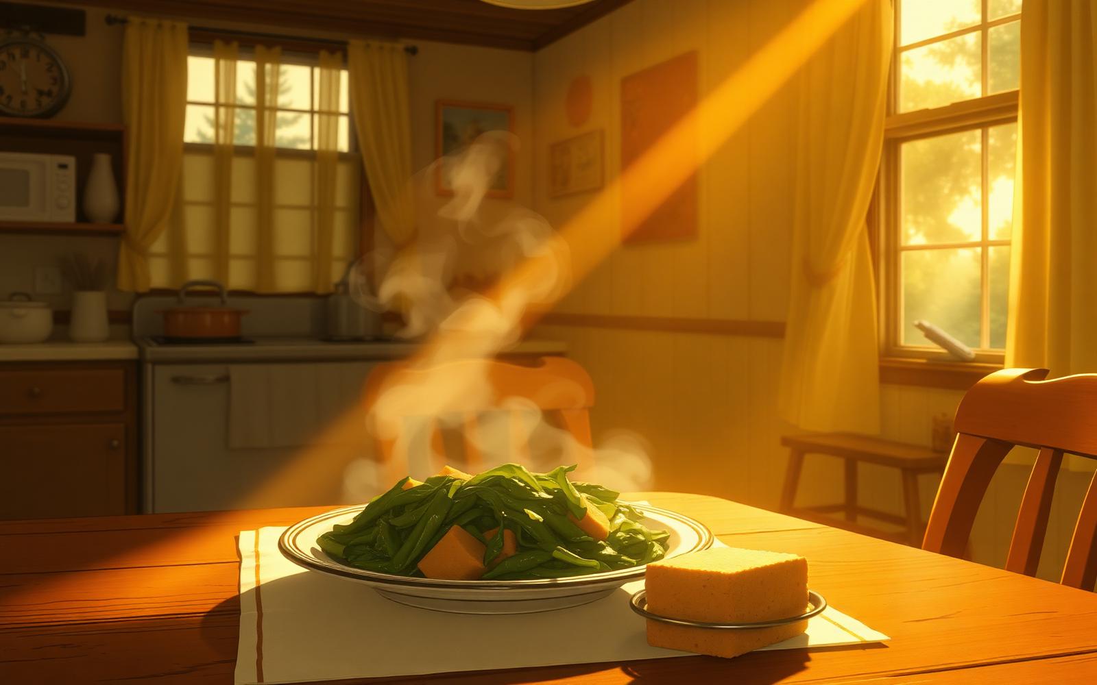 Warm nostalgic family kitchen with steaming soul food on the table